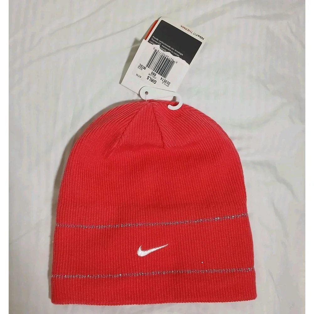 New - Nike Therma-Fit Beanie Girl's Youth Pink Silver Winter Hat‎ Running Cap